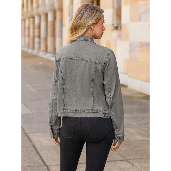 Women's Jean Jacket Long Sleeve Denim Jackets Button Down with Pockets Gray - Picture 5 of 6